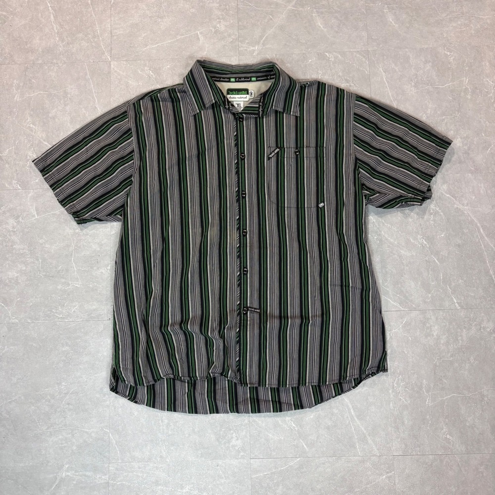 Ecko Unltd Mens XL Vintage Striped Short Sleeve Button Up Shirt Green Black Y2K